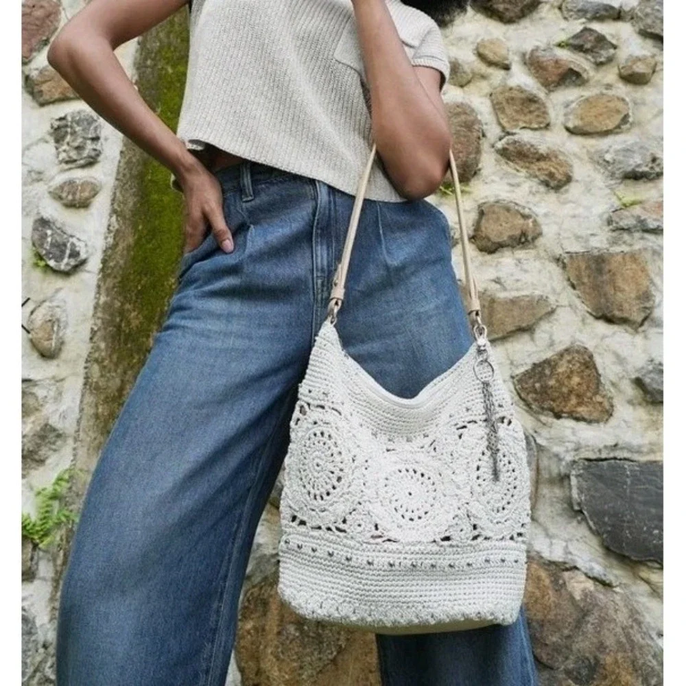 The Sak Sequoia Hobo Hand Crochet Natural Medallion Boho Shoulder Bag Charms